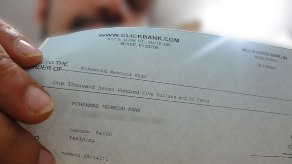US Dollars Check from Clickbank to Lahore, Pakistan